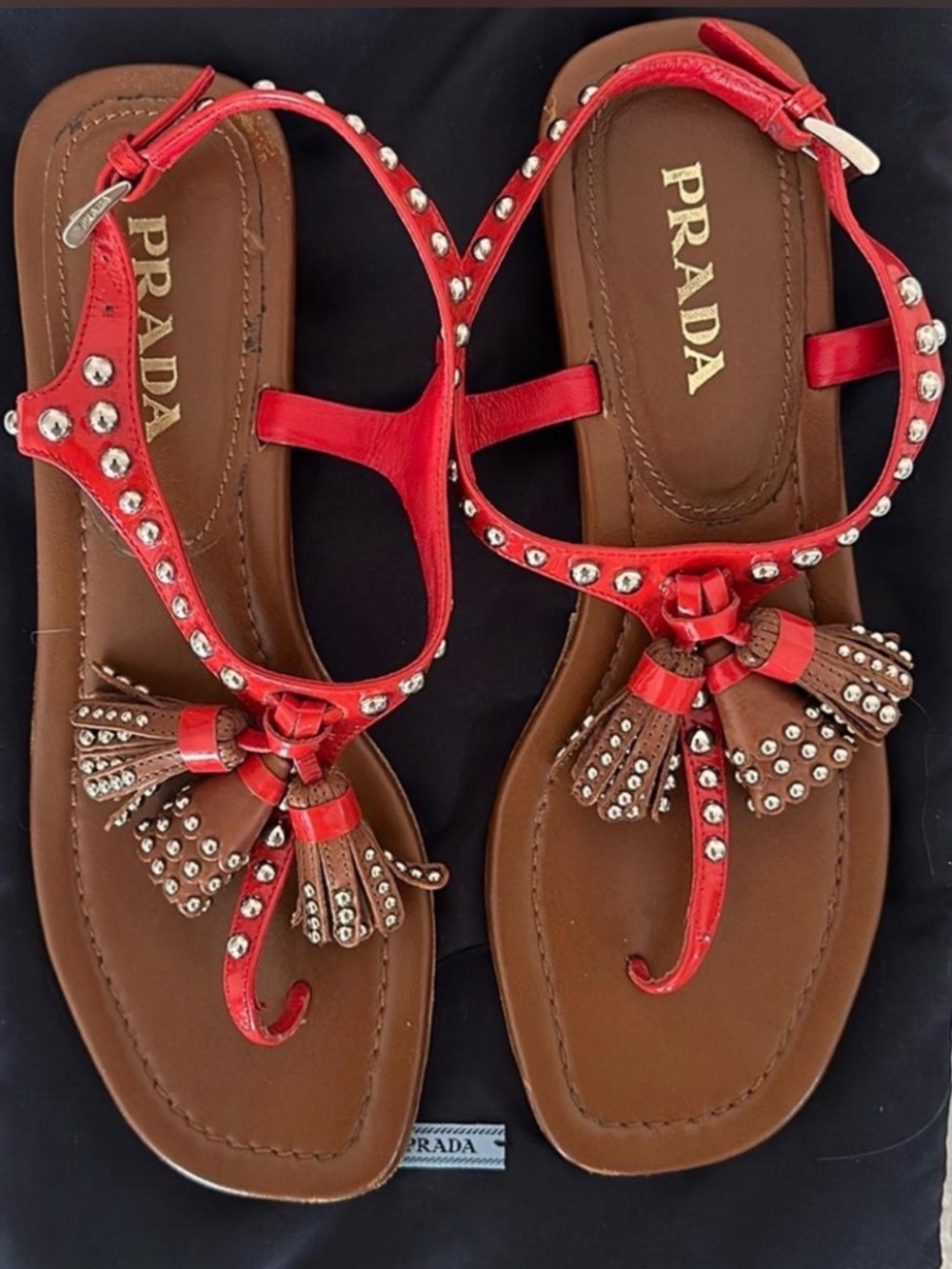 Prada Red Leather Studded Tassel Thong Sandals